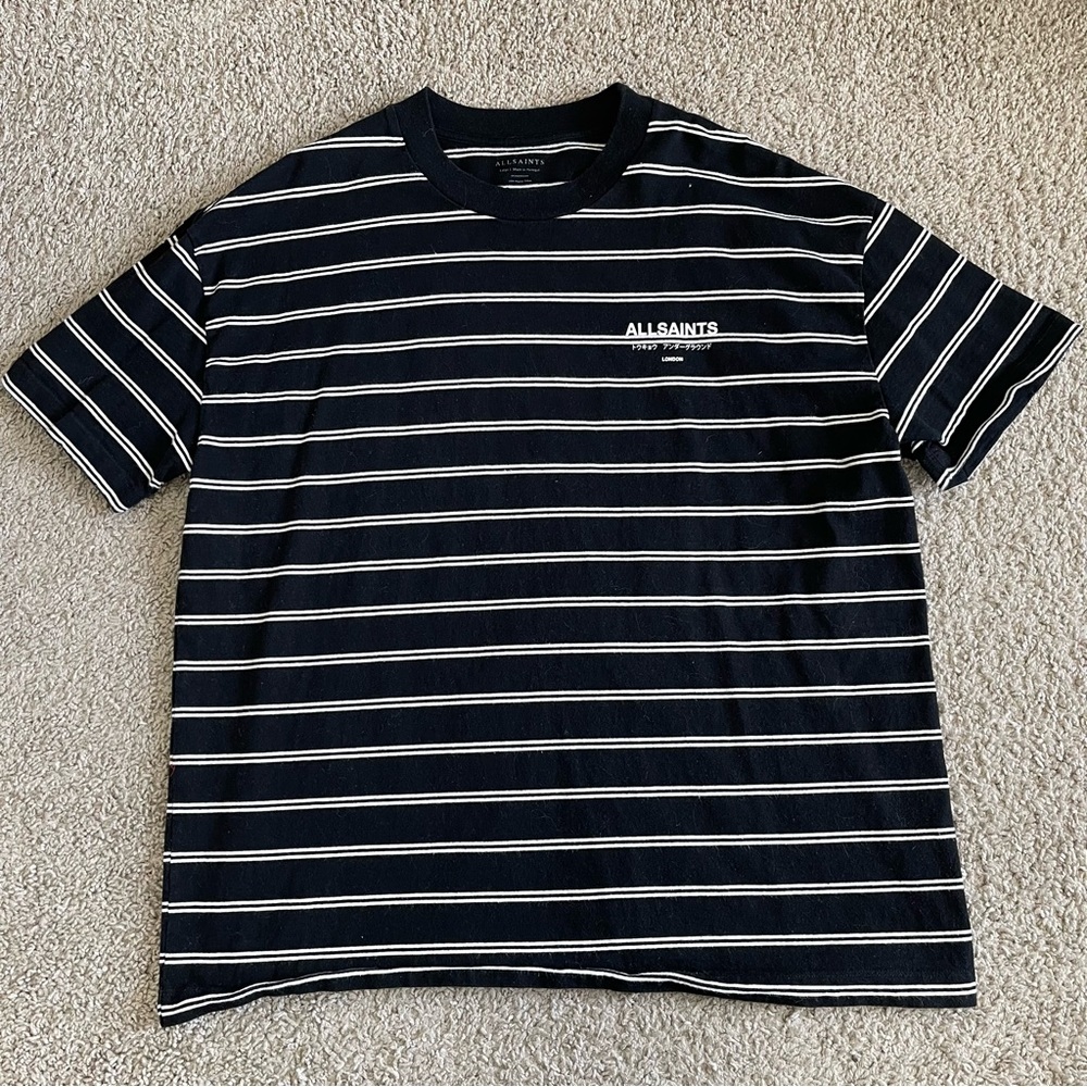 AllSaints Black and White Striped Short Sleeve Tee
